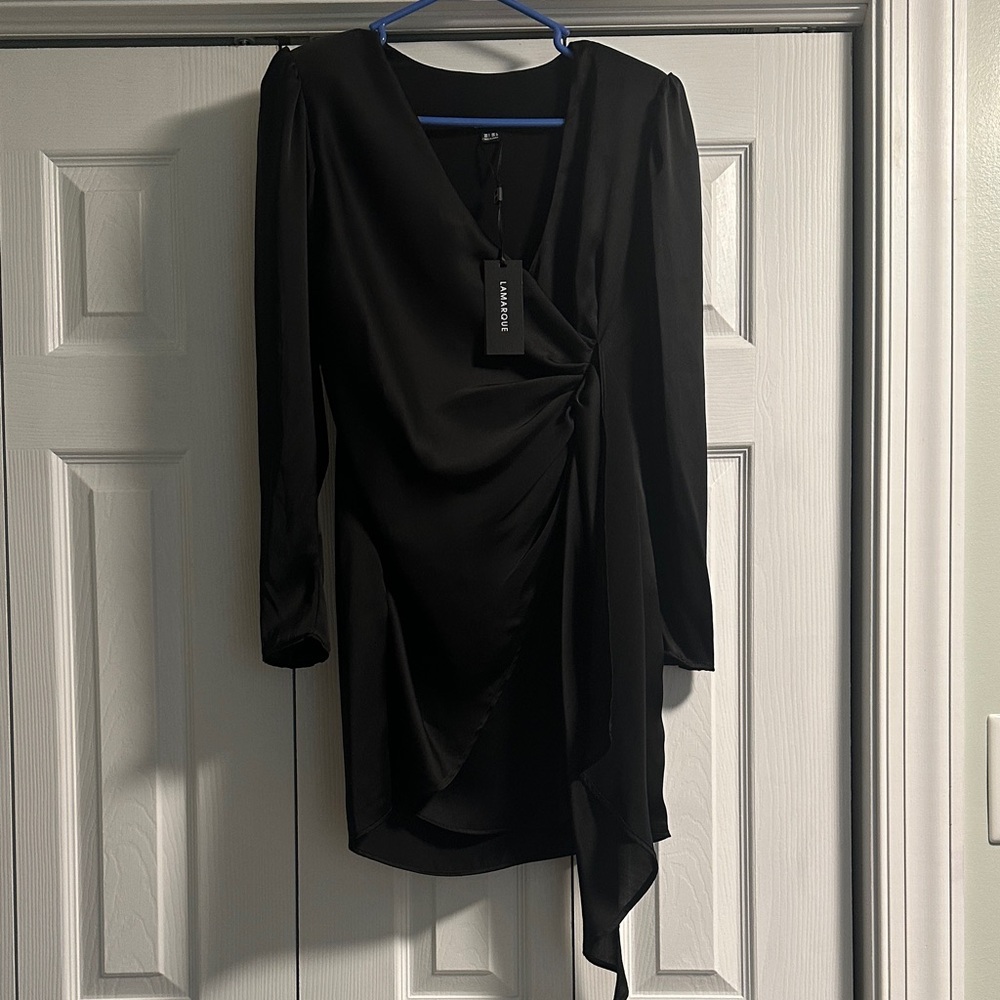 Black Draped Long-Sleeve Wrap Dress